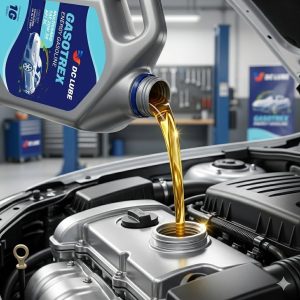 Primer plano de aceite de motor dorado virgen siendo vertido para mejorar la eficiencia y ahorrar combustible